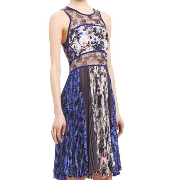 Rebecca Taylor Silk Cobalt Blue Colour Block Pleated Dress Sz S - Picture 1 of 9